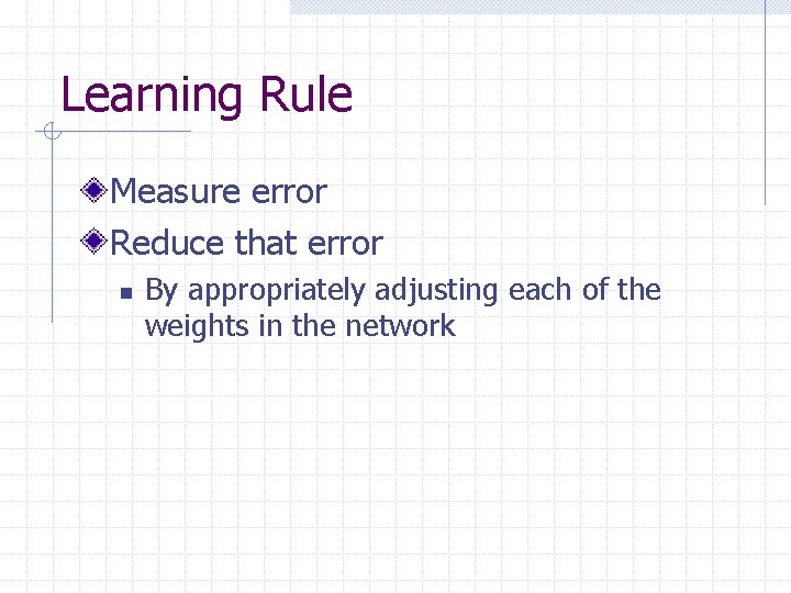 Learning Rule Measure error Reduce that error n By appropriately adjusting each of the