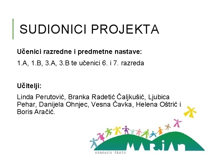 SUDIONICI PROJEKTA Učenici razredne i predmetne nastave: 1. A, 1. B, 3. A, 3.