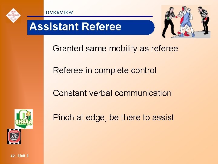OVERVIEW Assistant Referee Granted same mobility as referee Referee in complete control Constant verbal