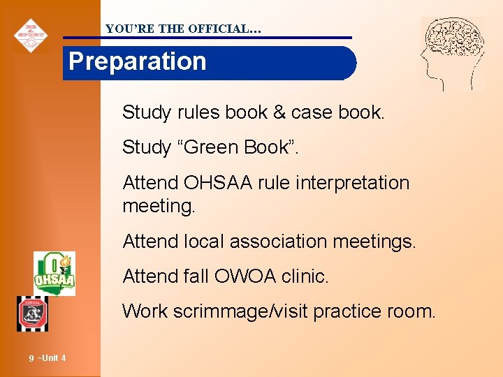 YOU’RE THE OFFICIAL… Preparation Study rules book & case book. Study “Green Book”. Attend