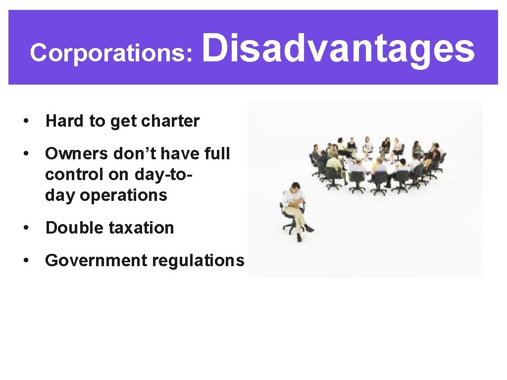 Corporations: Disadvantages • Hard to get charter • Owners don’t have full control on