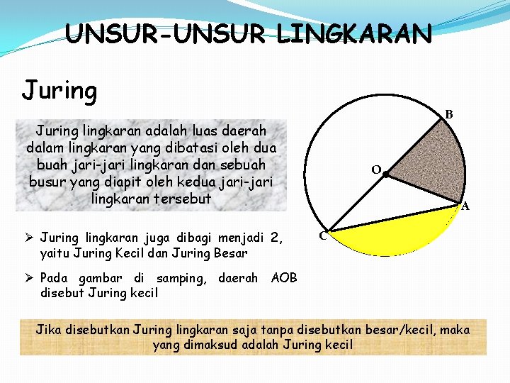 UNSUR-UNSUR LINGKARAN Juring B Juring lingkaran adalah luas daerah dalam lingkaran yang dibatasi oleh