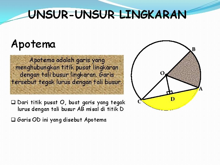 UNSUR-UNSUR LINGKARAN Apotema B Apotema adalah garis yang menghubungkan titik pusat lingkaran dengan tali