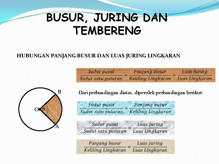 BUSUR, JURING DAN TEMBERENG HUBUNGAN PANJANG BUSUR DAN LUAS JURING LINGKARAN B O α