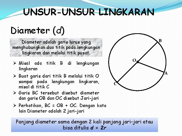 UNSUR-UNSUR LINGKARAN Diameter (d) B Diameter adalah garis lurus yang menghubungkan dua titik pada