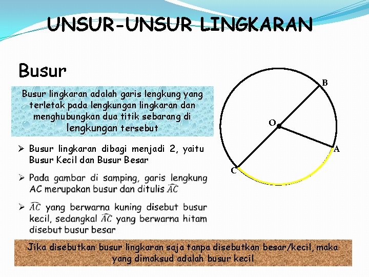 UNSUR-UNSUR LINGKARAN Busur B Busur lingkaran adalah garis lengkung yang terletak pada lengkungan lingkaran