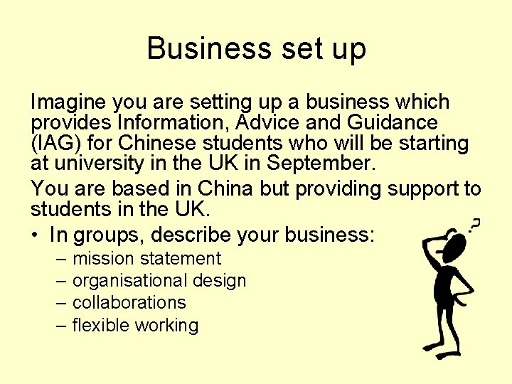 Business set up Imagine you are setting up a business which provides Information, Advice
