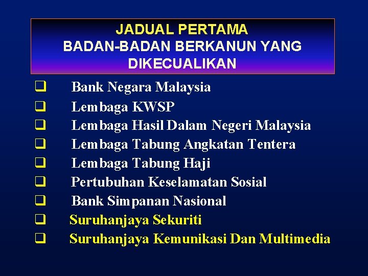 JADUAL PERTAMA BADAN-BADAN BERKANUN YANG DIKECUALIKAN q q q q q Bank Negara Malaysia