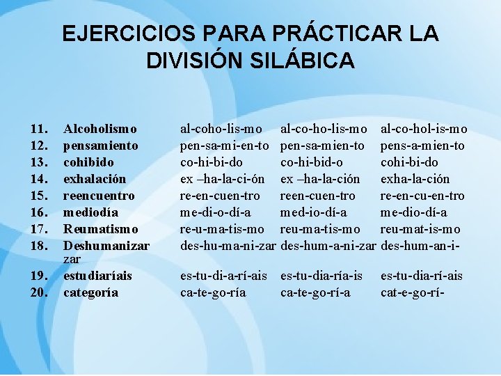 EJERCICIOS PARA PRÁCTICAR LA DIVISIÓN SILÁBICA 11. 12. 13. 14. 15. 16. 17. 18.