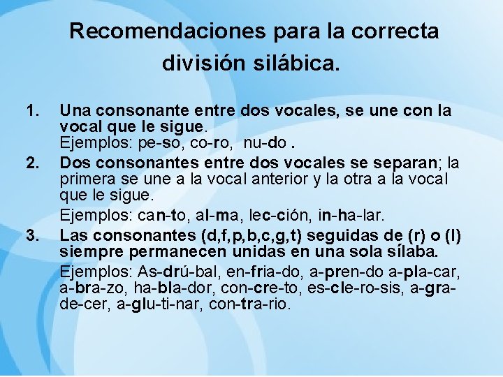 Recomendaciones para la correcta división silábica. 1. 2. 3. Una consonante entre dos vocales,