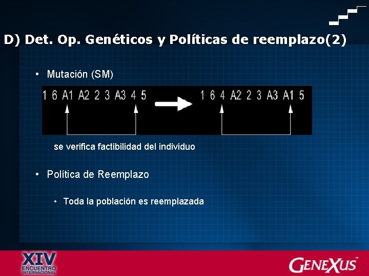 D) Det. Op. Genéticos y Políticas de reemplazo(2) • Mutación (SM) se verifica factibilidad