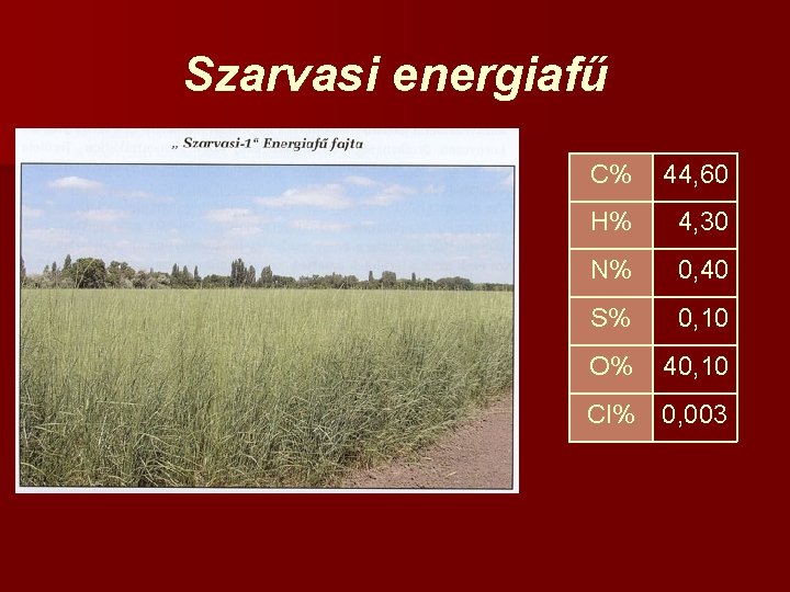 Szarvasi energiafű C% 44, 60 H% 4, 30 N% 0, 40 S% 0, 10