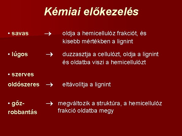 Kémiai előkezelés • savas oldja a hemicellulóz frakciót, és kisebb mértékben a lignint •