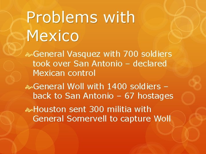 Problems with Mexico General Vasquez with 700 soldiers took over San Antonio – declared