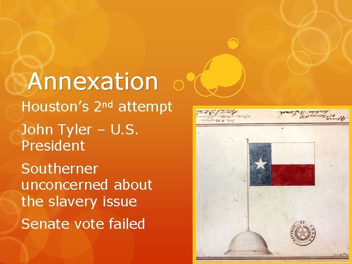 Annexation Houston’s 2 nd attempt John Tyler – U. S. President Southerner unconcerned about