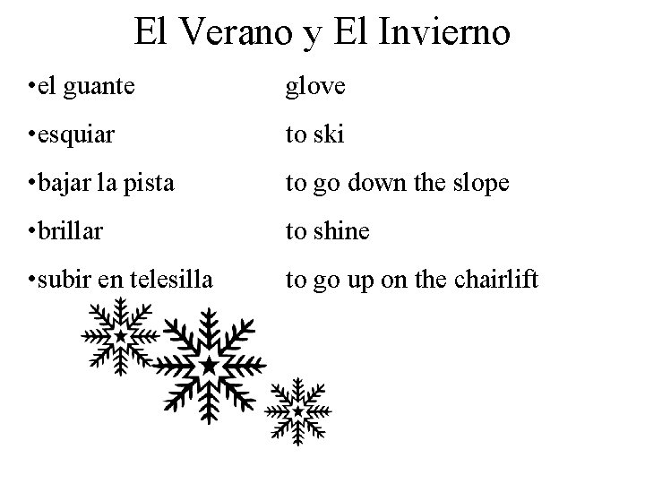 El Verano y El Invierno • el guante glove • esquiar to ski •