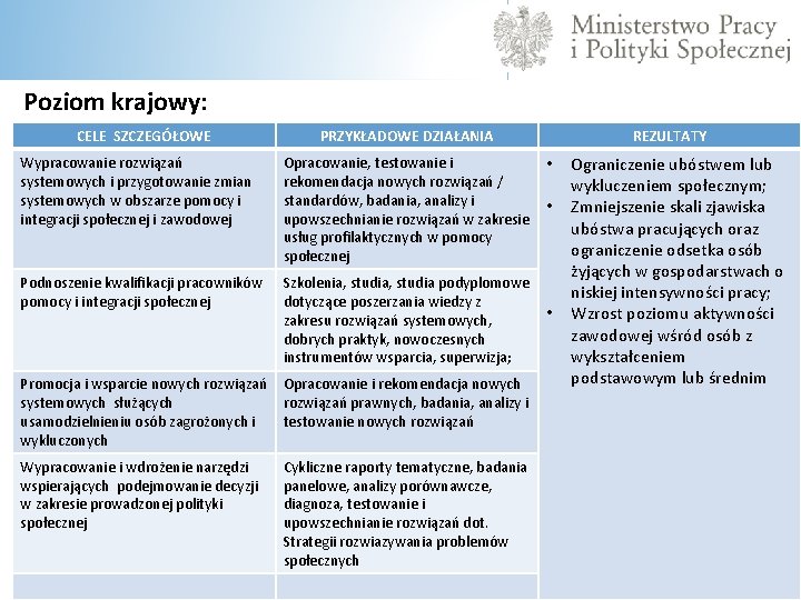 Poziom krajowy: CELE SZCZEGÓŁOWE PRZYKŁADOWE DZIAŁANIA Wypracowanie rozwiązań systemowych i przygotowanie zmian systemowych w