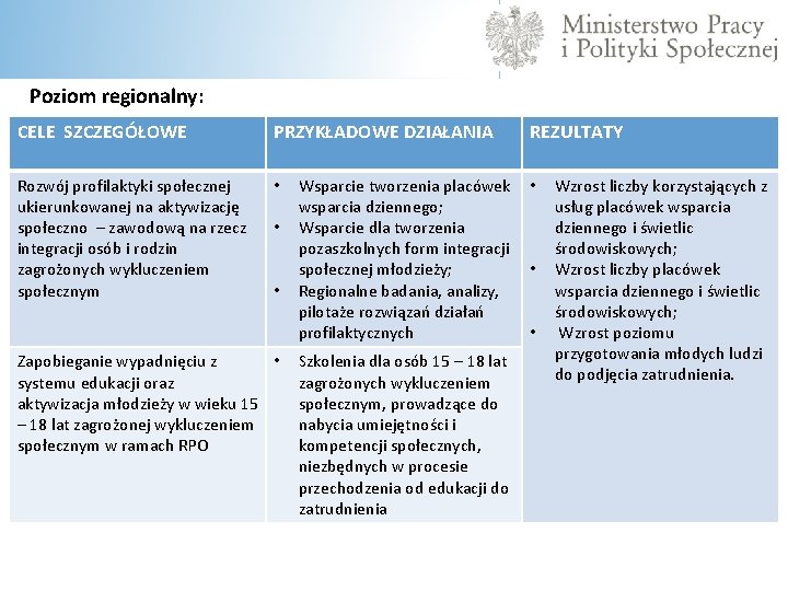 Poziom regionalny: CELE SZCZEGÓŁOWE PRZYKŁADOWE DZIAŁANIA Rozwój profilaktyki społecznej ukierunkowanej na aktywizację społeczno –