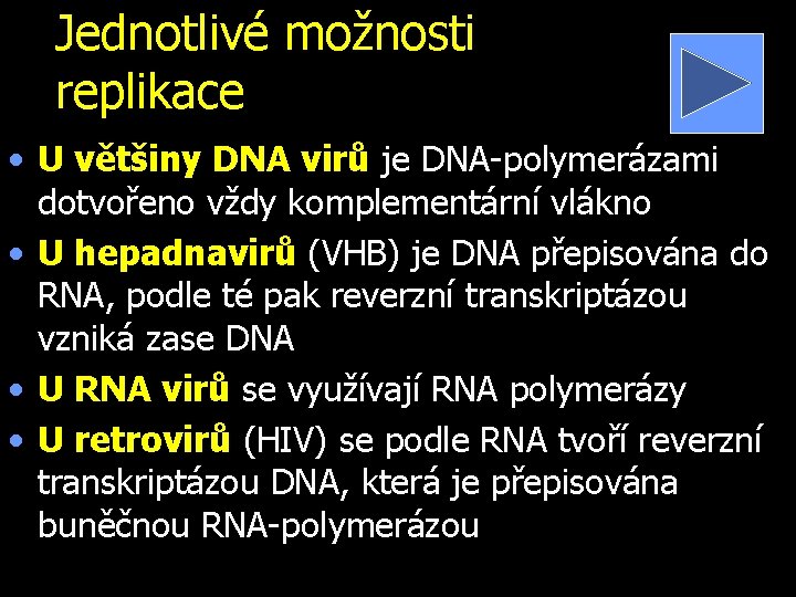 Jednotlivé možnosti replikace • U většiny DNA virů je DNA-polymerázami dotvořeno vždy komplementární vlákno