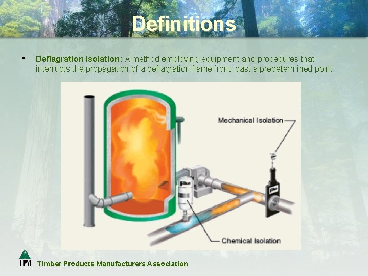 Definitions • Deflagration Isolation: A method employing equipment and procedures that interrupts the propagation