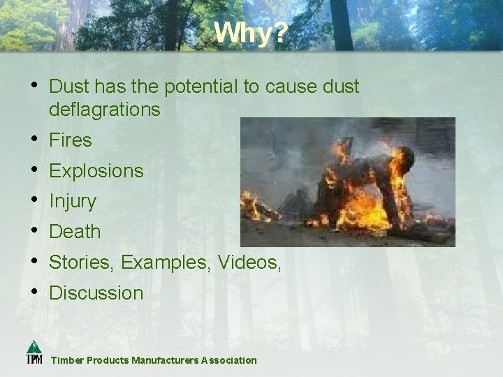 Why? • Dust has the potential to cause dust deflagrations • • • Fires