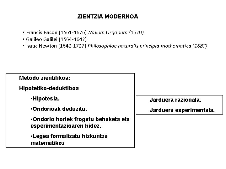 ZIENTZIA MODERNOA • Francis Bacon (1561 -1626) Novum Organum (1620) • Galileo Galilei (1564