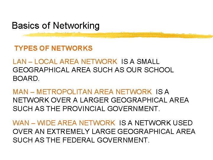 Basics of Networking TYPES OF NETWORKS LAN – LOCAL AREA NETWORK IS A SMALL Basics of Networking TYPES OF NETWORKS LAN – LOCAL AREA NETWORK IS A SMALL
