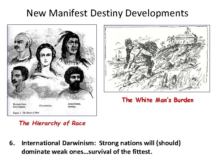 New Manifest Destiny Developments The White Man’s Burden The Hierarchy of Race 6. International