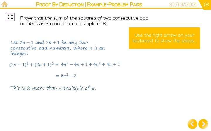PROOF BY DEDUCTION | EXAMPLE-PROBLEM PAIRS Q 2 30/10/2021 Prove that the sum of PROOF BY DEDUCTION | EXAMPLE-PROBLEM PAIRS Q 2 30/10/2021 Prove that the sum of
