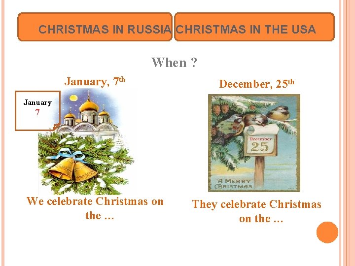 CHRISTMAS IN RUSSIA CHRISTMAS IN THE USA When ? January, 7 th December, 25