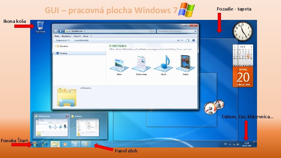 GUI – pracovná plocha Windows 7 Pozadie - tapeta Ikona koša Dátum, čas, klávesnica.