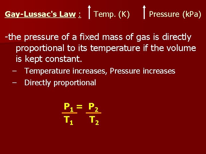 Gay-Lussac's Law : Temp. (K) Pressure (k. Pa) -the pressure of a fixed mass