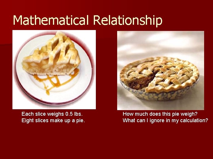 Mathematical Relationship Each slice weighs 0. 5 lbs. Eight slices make up a pie.