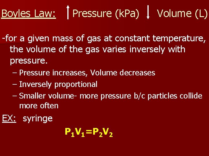 Boyles Law: Pressure (k. Pa) Volume (L) -for a given mass of gas at
