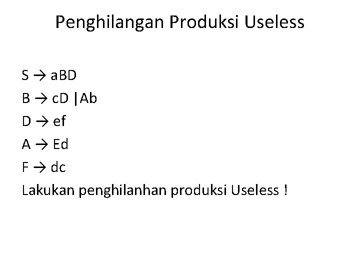 Penghilangan Produksi Useless S → a. BD B → c. D |Ab D →