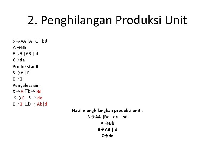 2. Penghilangan Produksi Unit S →AA |A |C | bd A →Bb B→B |AB