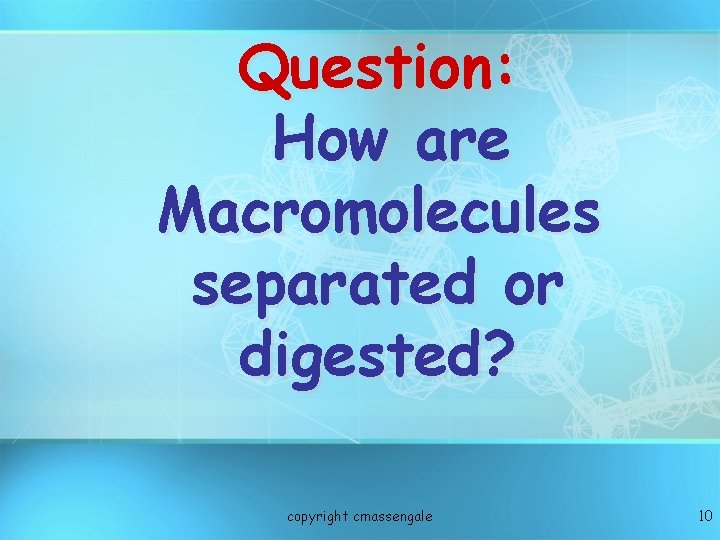 Question: How are Macromolecules separated or digested? copyright cmassengale 10 Question: How are Macromolecules separated or digested? copyright cmassengale 10