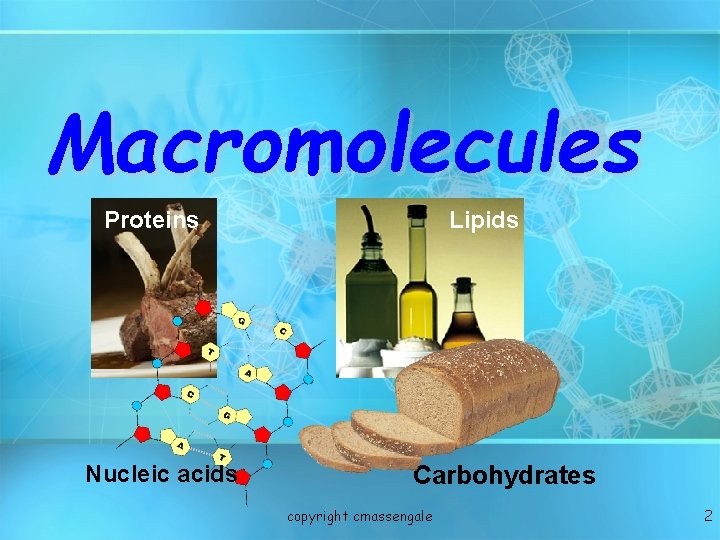 Macromolecules Proteins Nucleic acids Lipids Carbohydrates copyright cmassengale 2 Macromolecules Proteins Nucleic acids Lipids Carbohydrates copyright cmassengale 2