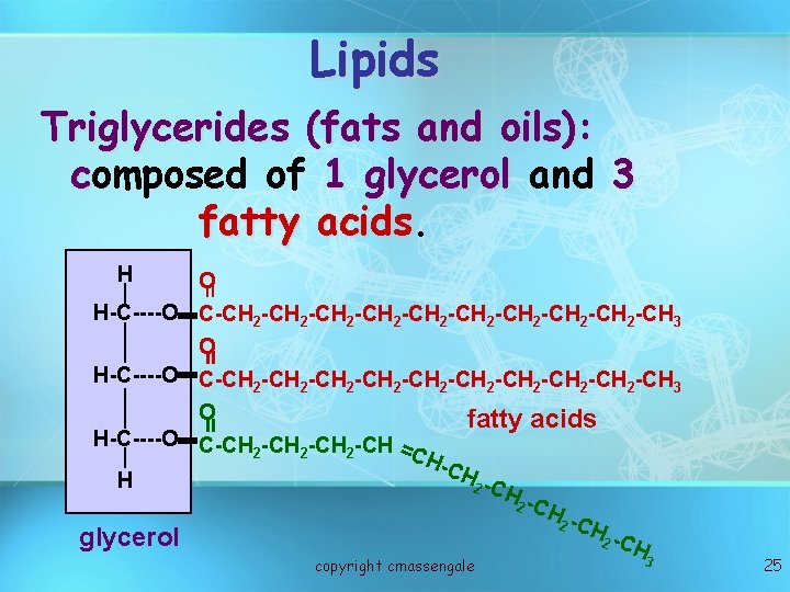 Lipids Triglycerides (fats and oils): composed of 1 glycerol and 3 fatty acids H Lipids Triglycerides (fats and oils): composed of 1 glycerol and 3 fatty acids H