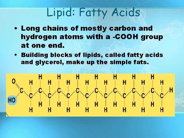 Lipid: Fatty Acids • Long chains of mostly carbon and hydrogen atoms with a Lipid: Fatty Acids • Long chains of mostly carbon and hydrogen atoms with a