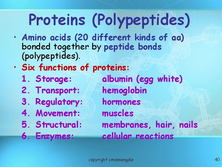 Proteins (Polypeptides) • Amino acids (20 different kinds of aa) bonded together by peptide Proteins (Polypeptides) • Amino acids (20 different kinds of aa) bonded together by peptide