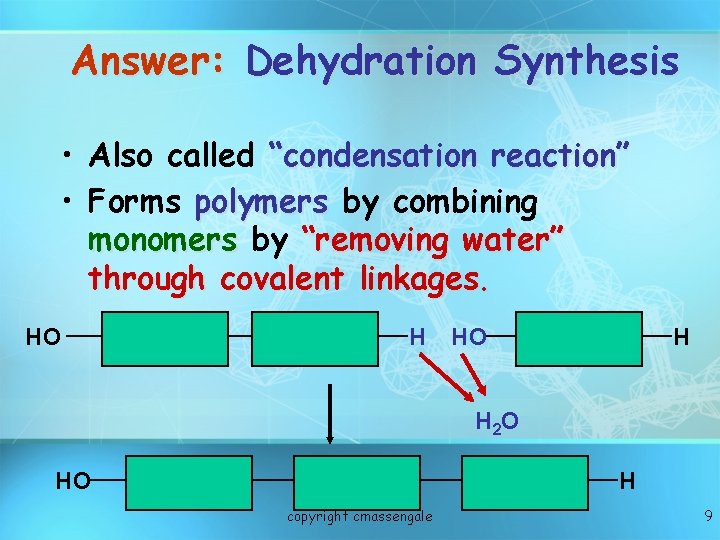Answer: Dehydration Synthesis • Also called “condensation reaction” • Forms polymers by combining monomers Answer: Dehydration Synthesis • Also called “condensation reaction” • Forms polymers by combining monomers