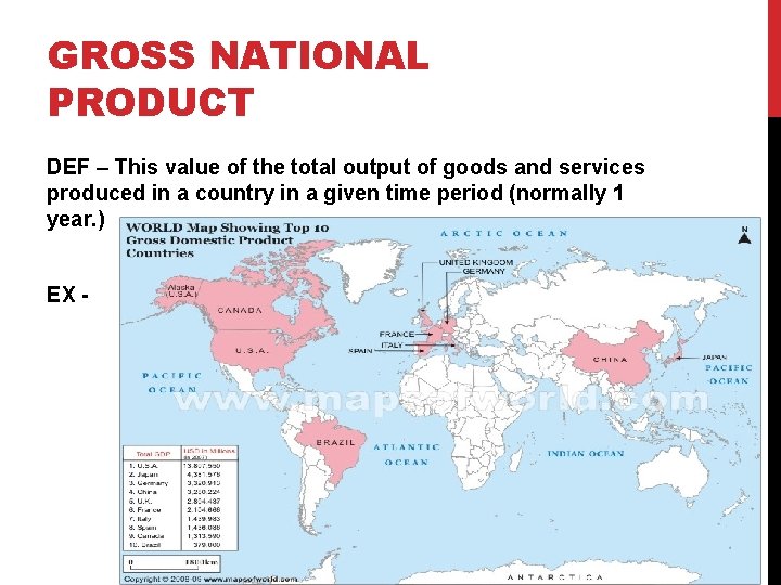 GROSS NATIONAL PRODUCT DEF – This value of the total output of goods and