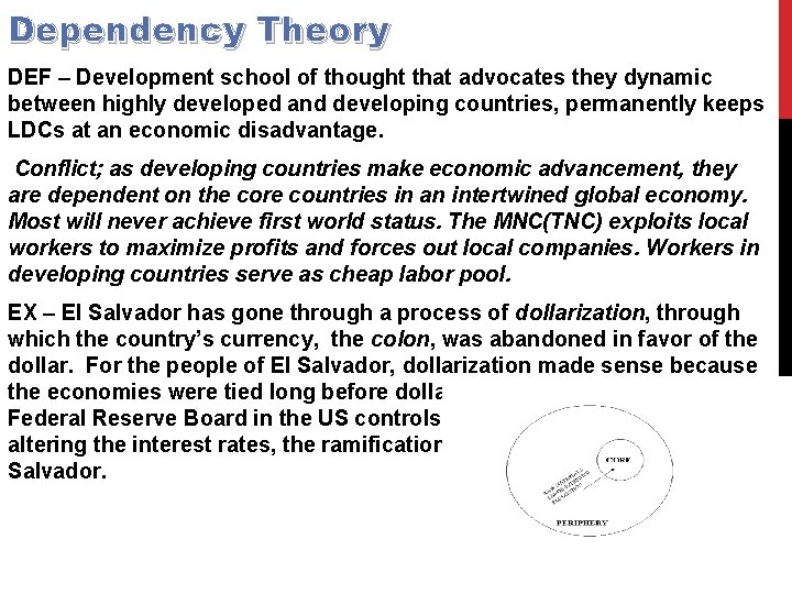 Dependency Theory DEF – Development school of thought that advocates they dynamic between highly