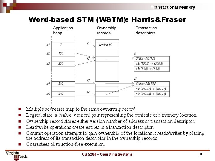 Transactional Memory Word-based STM (WSTM): Harris&Fraser n n n Multiple addresses map to the