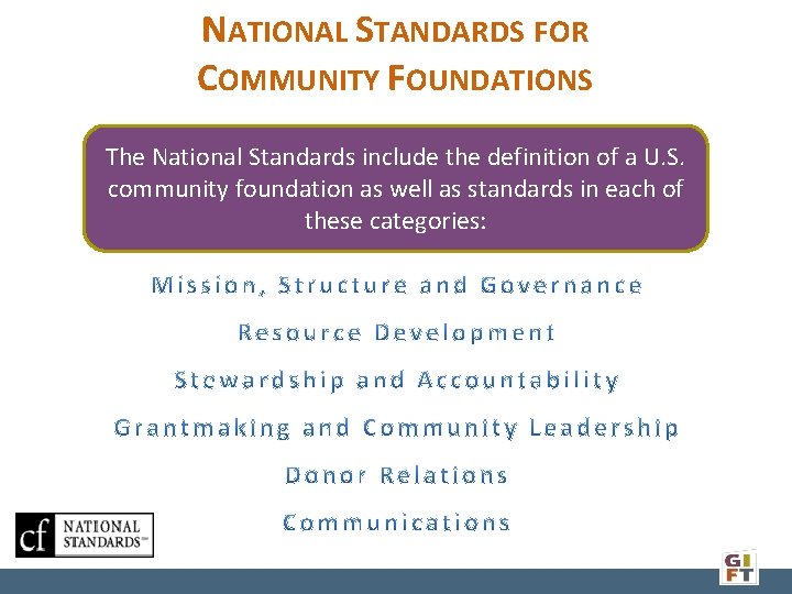 NATIONAL STANDARDS FOR COMMUNITY FOUNDATIONS The National Standards include the definition of a U.