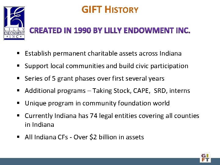 GIFT HISTORY Establish permanent charitable assets across Indiana Support local communities and build civic