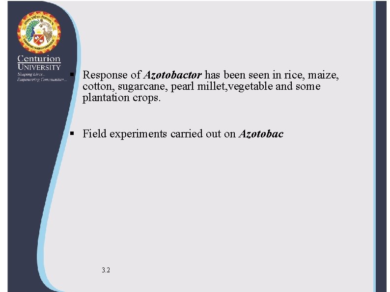  Response of Azotobactor has been seen in rice, maize, cotton, sugarcane, pearl millet,
