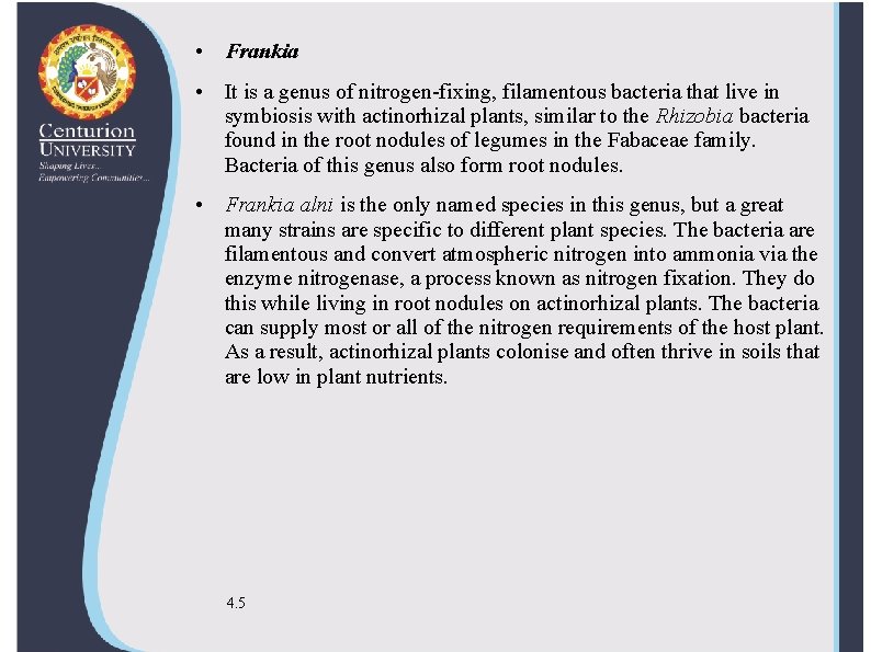 • Frankia • It is a genus of nitrogen-fixing, filamentous bacteria that live