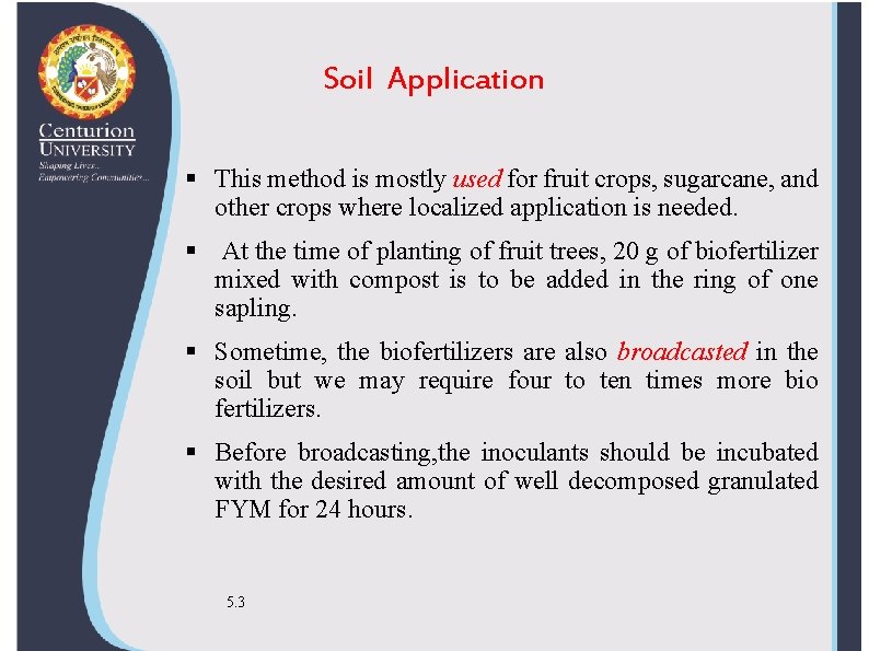 Soil Application This method is mostly used for fruit crops, sugarcane, and other crops
